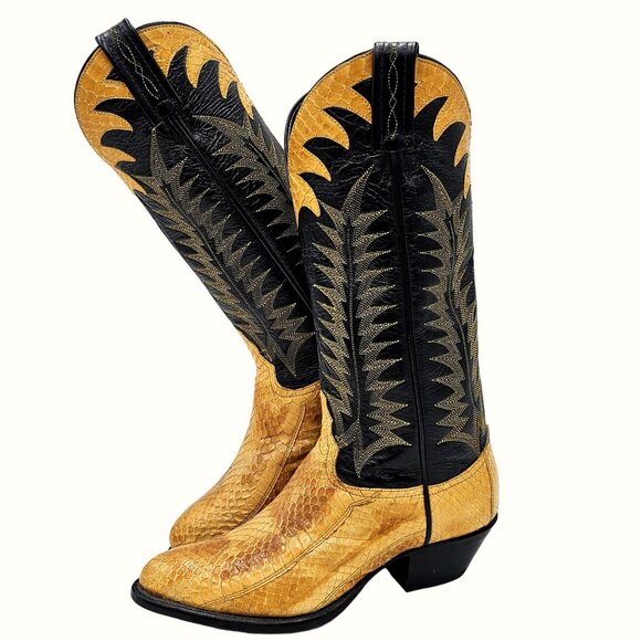 Vintage Tony Lama Exotic Yellow Black Python Snake Cowboy Boots Womens 5 Western - Picture 14 of 15